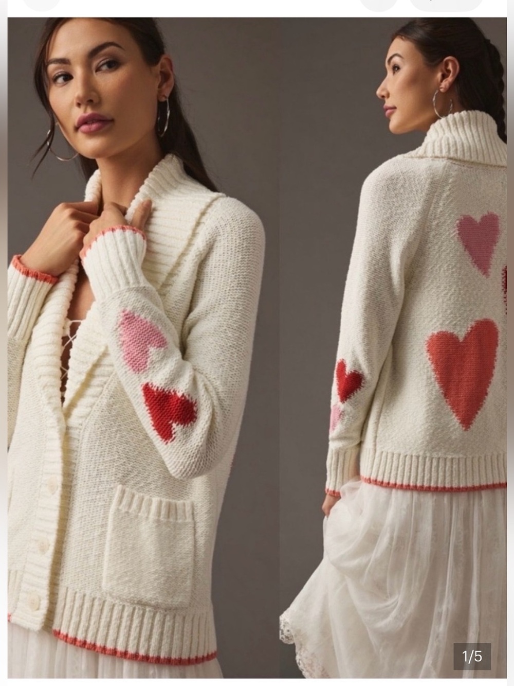 Anthro Heart Cardigan in ivory cream w/ pink & red, shawl collar, cotton Sz M - Picture 8 of 8